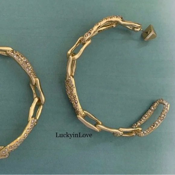 ALEXIS BITTAR NEW Gold Textured Crystal Custom Sculpted Chain Link Hoop Earrings - Picture 5 of 15